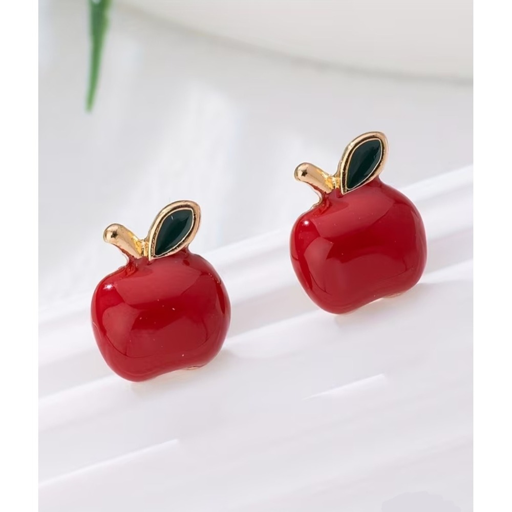 Red Apple Enamel Stud Earrings Gold Tone Fruit Teacher Gift Jewelry